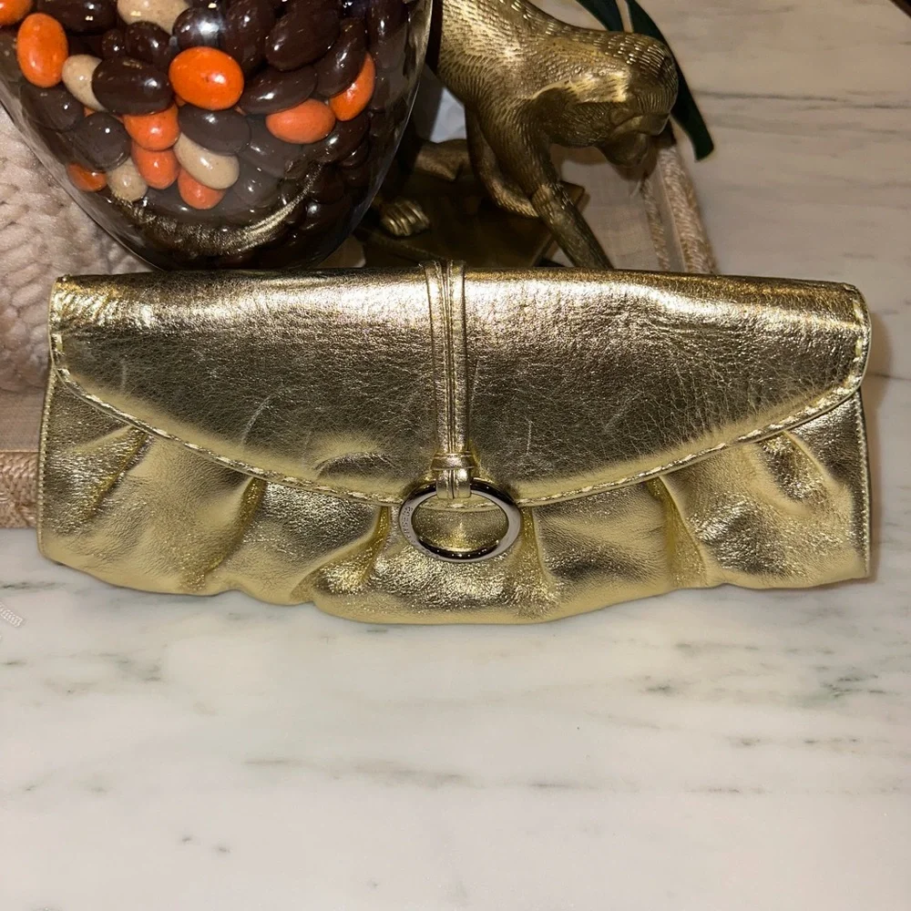 BCBG Max Azria Metallic Gold Clutch w/Attachable Shoulder Strap & Silver Ring - Picture 1 of 8